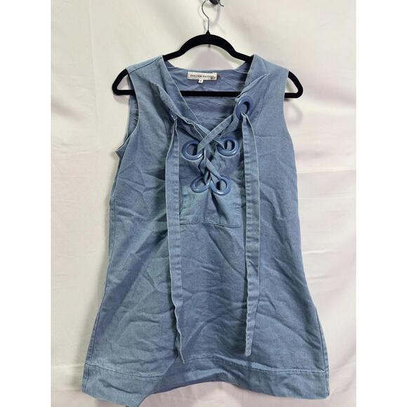 English Factory Blue Denim Lace Up Mini Dress Size M with Paint Chipping on Ring - Picture 2 of 7